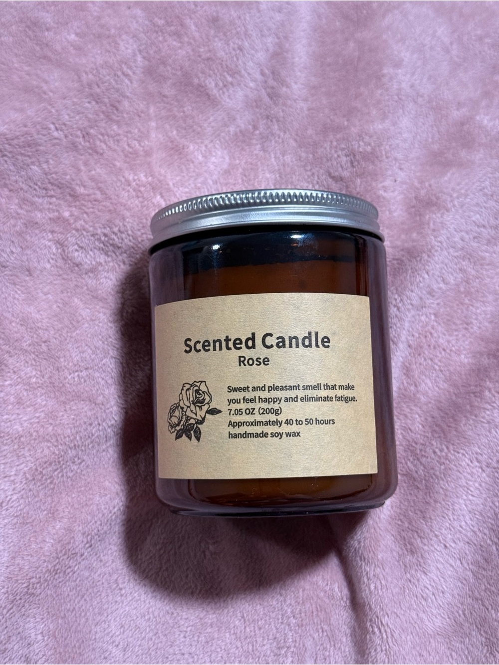 Rose Scented Soy Candle - Pink Label Amber Jar